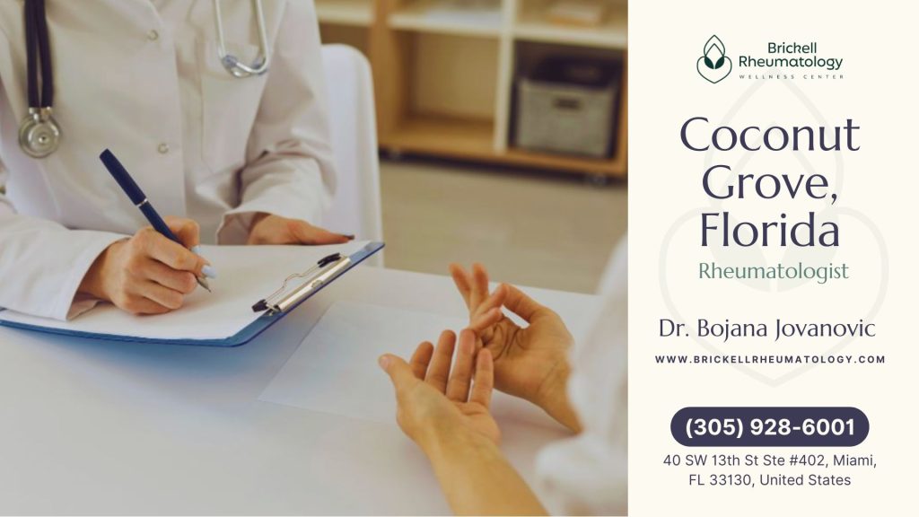 Coconut Grove, FL 3 A practitioner at Brickell Rheumatology Wellness Center converses with a patient about rheumatology treatment options.