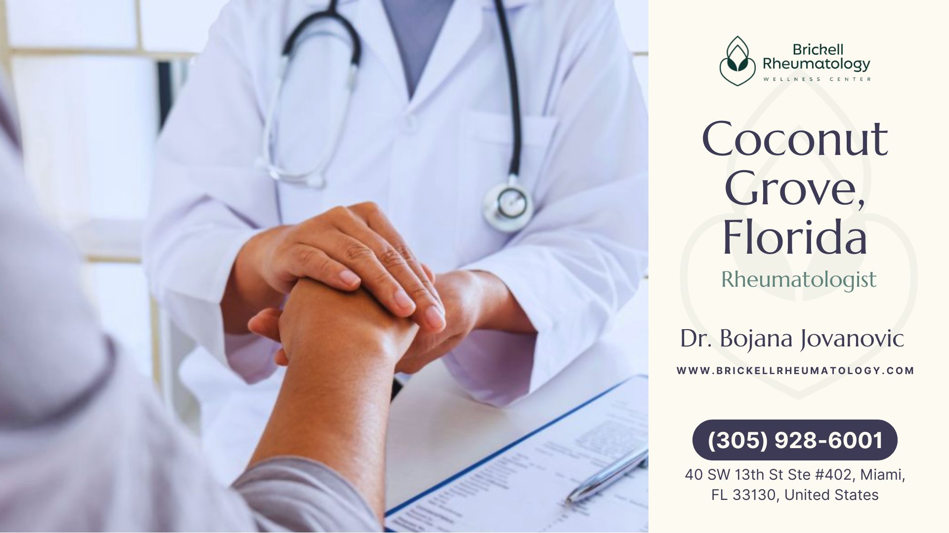 Coconut Grove, FL 1 Coconut Grove Rheumatologist A doctor in a white coat and stethoscope gently holds a patient's hands in a medical office, with a test form and pen visible on the desk, reflecting compassionate rheumatology care.