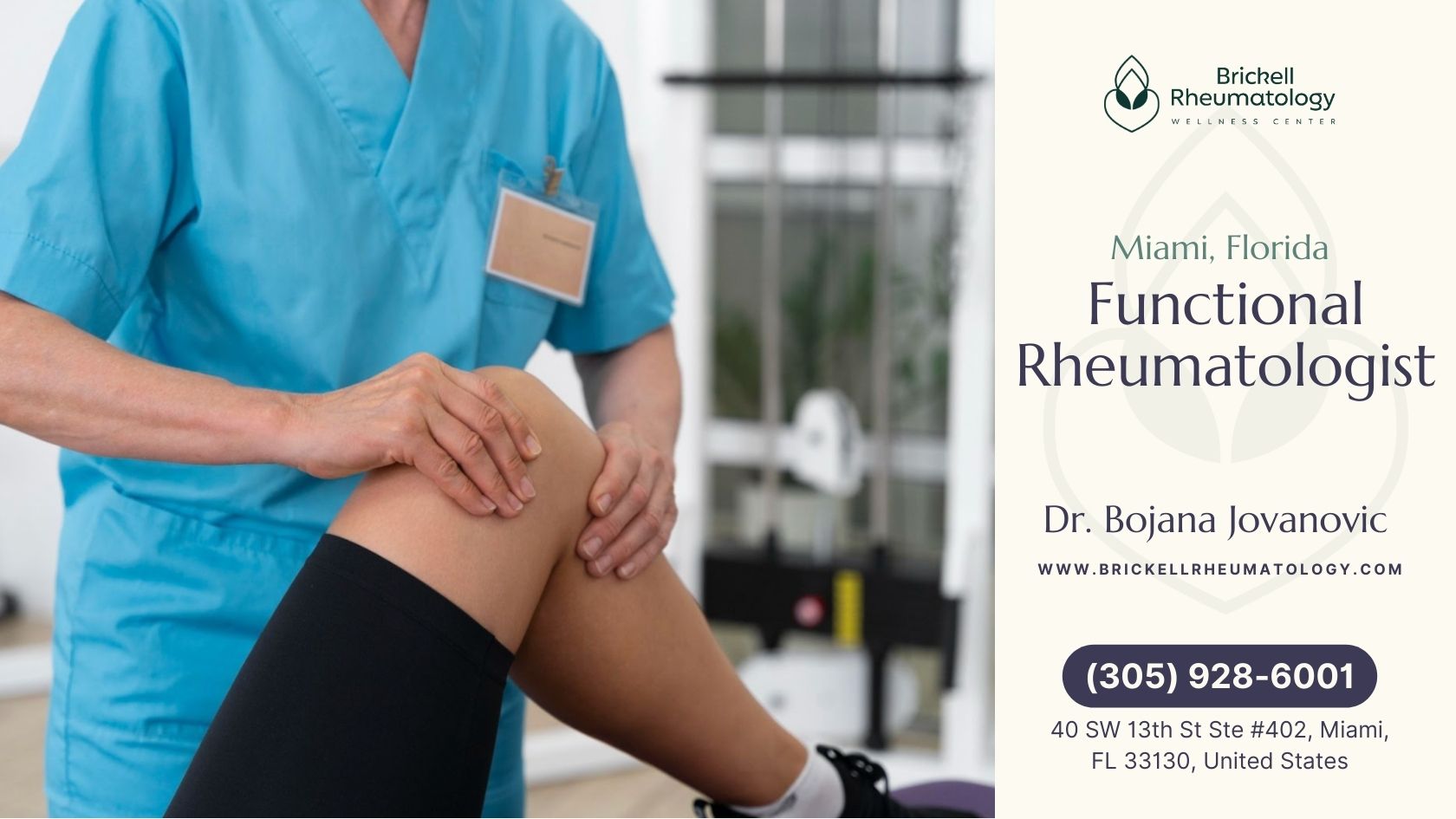 Functional Rheumatology 1 A physical therapist assesses a patient's knee during a functional rheumatology session at Brickell Rheumatology Wellness Center.