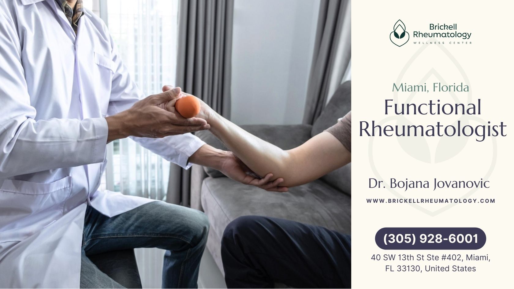 A doctor examines a patient's arm during a functional rheumatology consultation at Brickell Rheumatology Wellness Center.