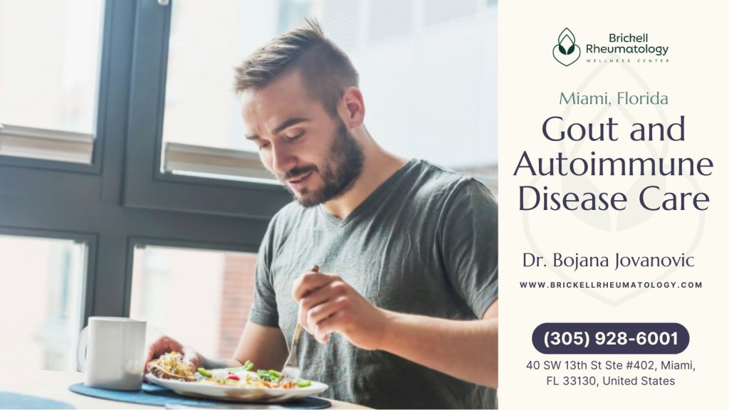Gout and Autoimmune Disease Care 3 A man enjoys a fresh salad at a sunlit table by the window, surrounded by natural light and a peaceful atmosphere.