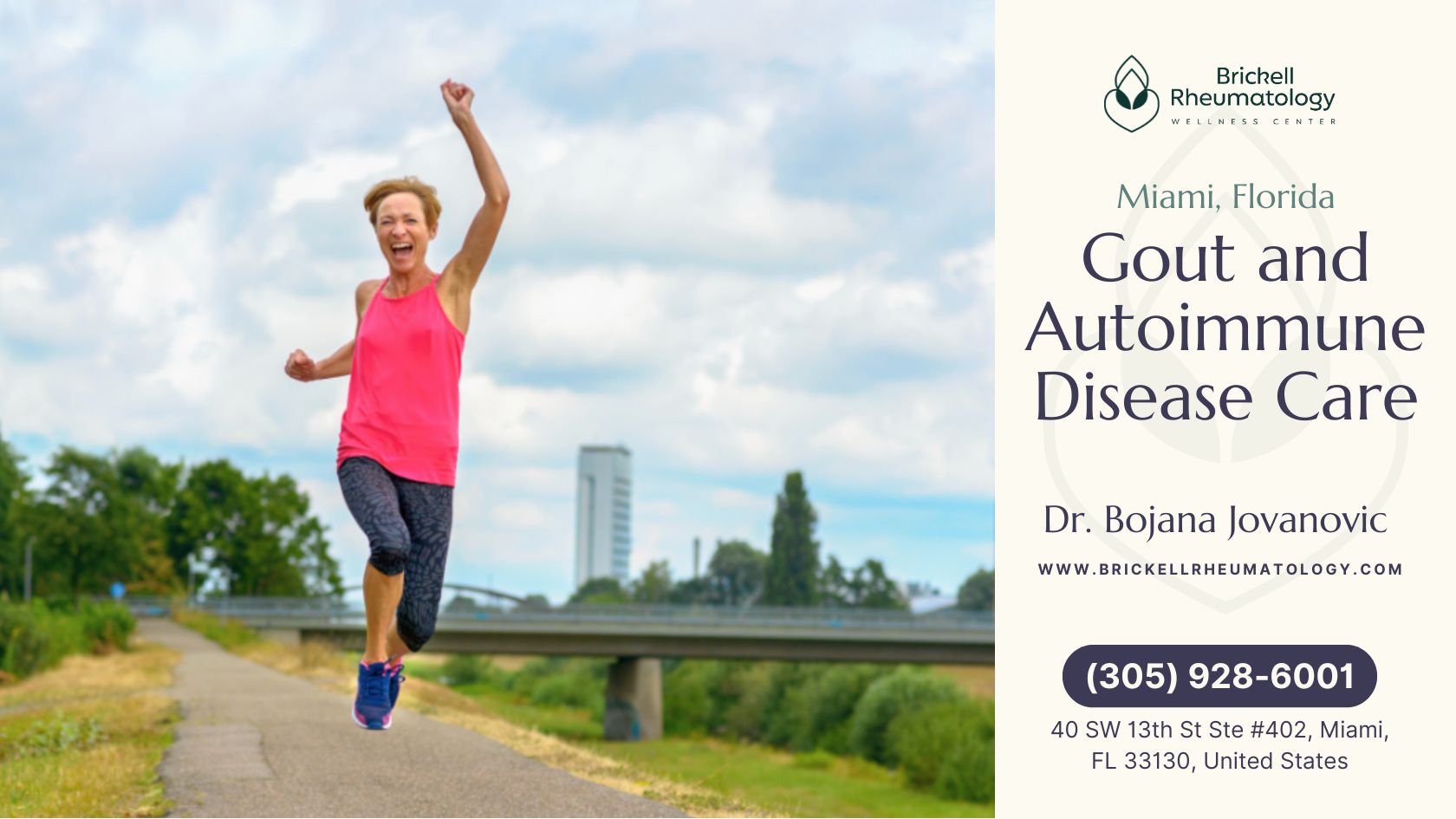 Gout and Autoimmune Disease Care 1 Gout and Autoimmune Disease A woman is captured mid-jump on a road, with a vibrant sky and trees lining the background.