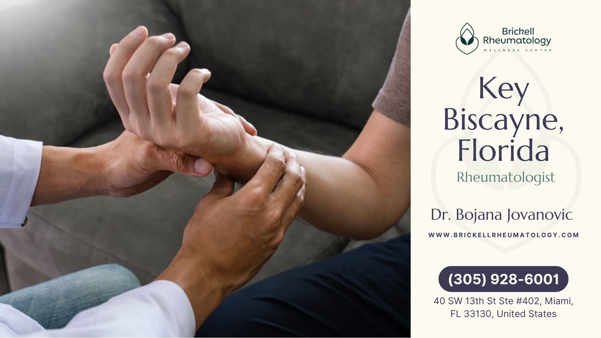 A doctor examines a patient's wrist in a clinical setting, highlighting the care provided at Brickell Rheumatology Wellness Center in Key Biscayne, FL.