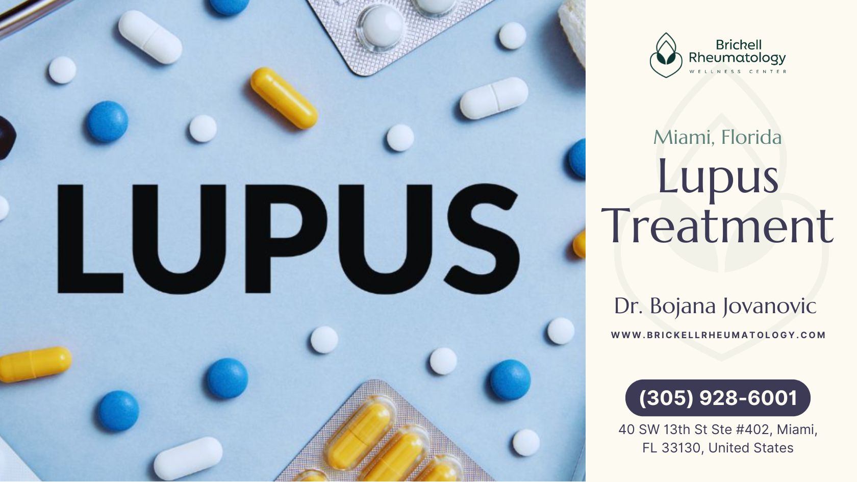 An image illustrating lupus treatment with various medications—such as Nonsteroidal Anti-Inflammatory Drugs (NSAIDs), capsules, tablets, and medical supplies—neatly arranged around the word "LUPUS" on a blue background.