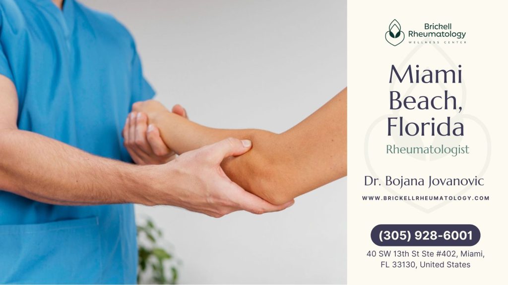 Miami Beach, FL 3 A medical practitioner gently holds a patient's arm, providing care and support in a medical setting and also serving Coral Gables, FL.