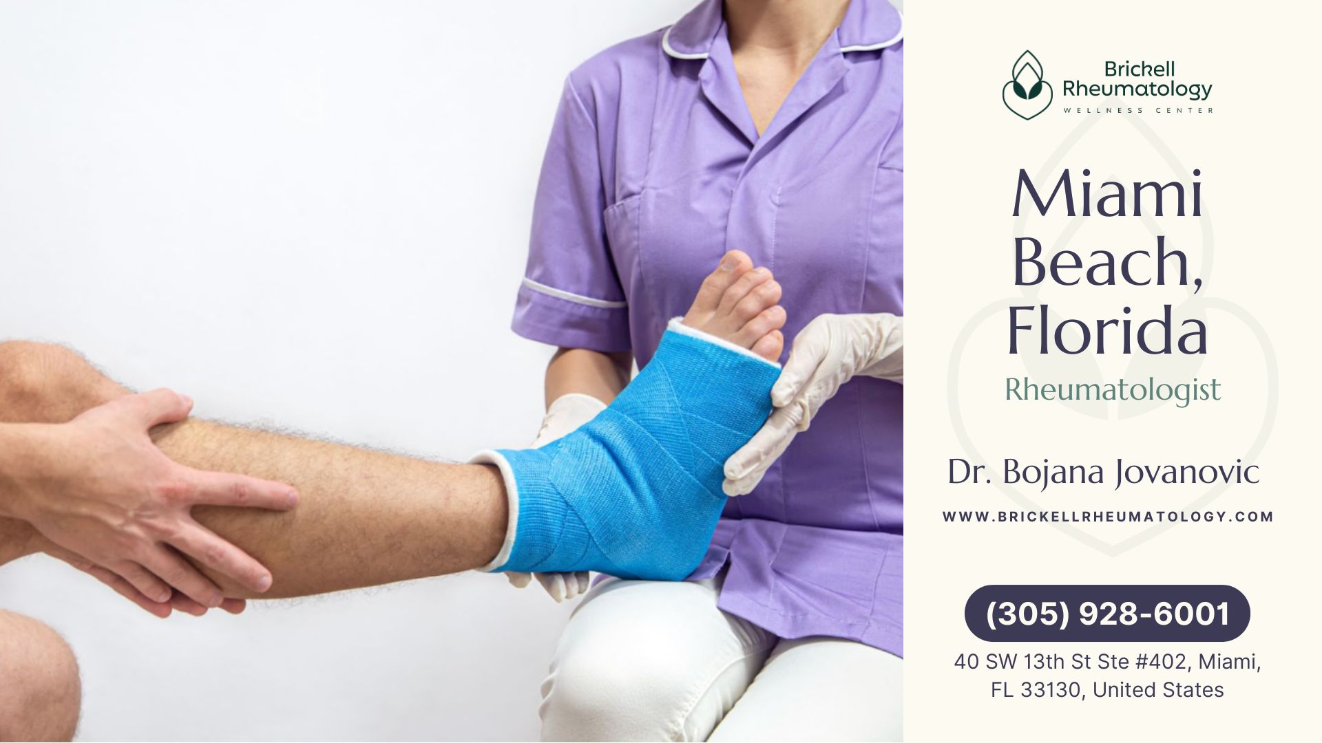 A nurse examines a patient with a leg cast at Brickell Rheumatology Wellness Center, highlighting their commitment to care.