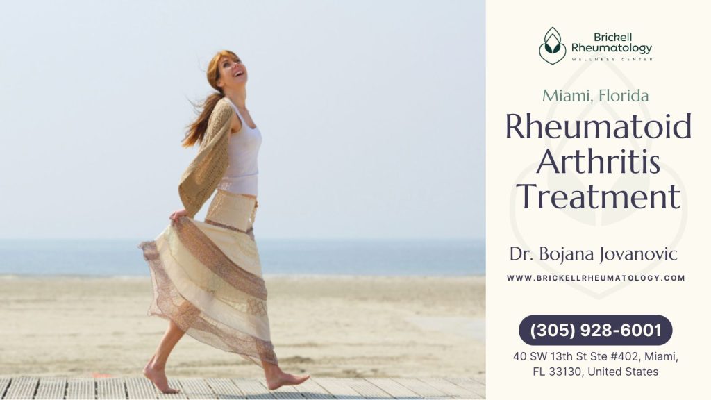 Rheumatoid Arthritis Treatment 3 A woman in a long skirt walks along a beach, embodying health and well-being in a serene coastal setting.