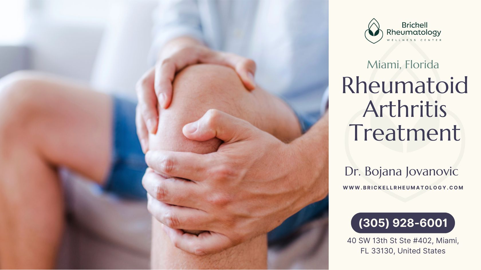 Rheumatoid Arthritis Treatment 1 A man sitting on a couch, visibly uncomfortable, holding his knee to indicate pain from rheumatoid arthritis.