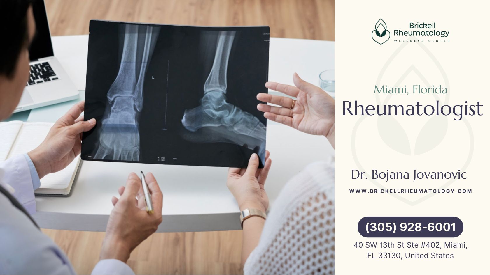 A doctor examines a foot x-ray, highlighting the importance of specialized care at Brickell Rheumatology Wellness Center.