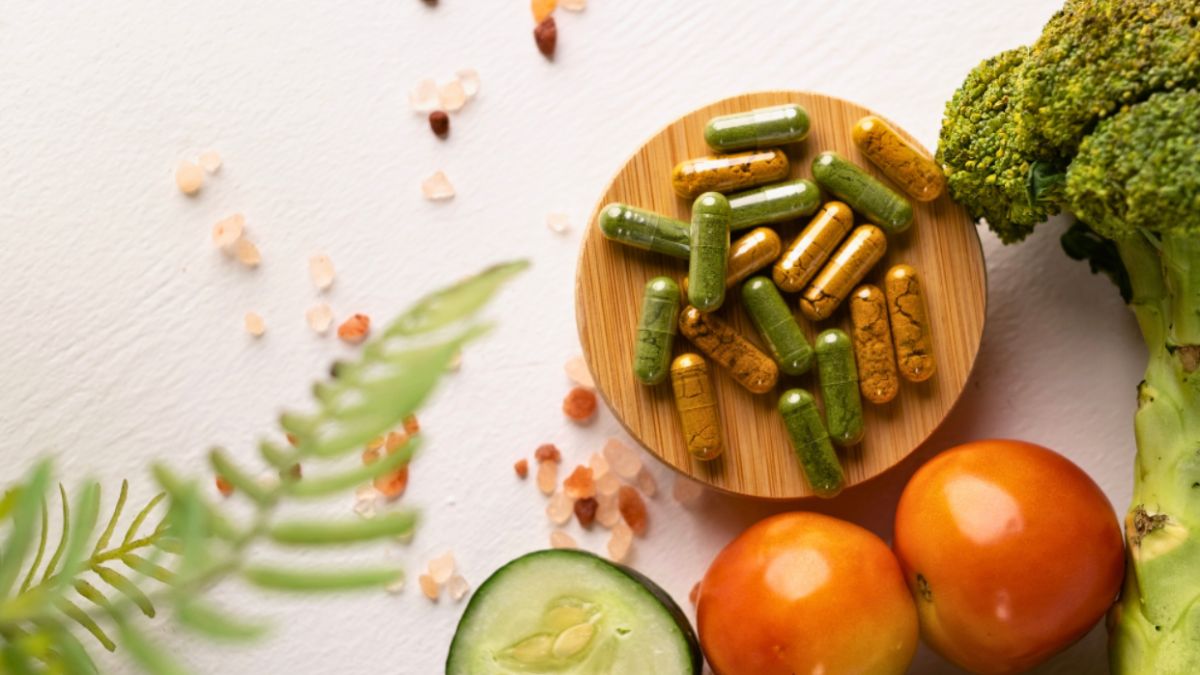 A vibrant assortment of vegetables and vitamins, highlighting nutrition related to Functional Medicine Miami.