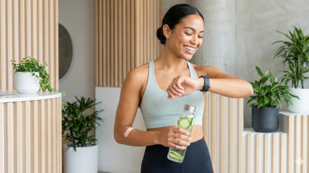 A happy, energetic woman in activewear checking her smartwatch in a modern wellness clinic lobby after receiving one of their IV therapy cocktails, indicated by the small bandage on her arm.