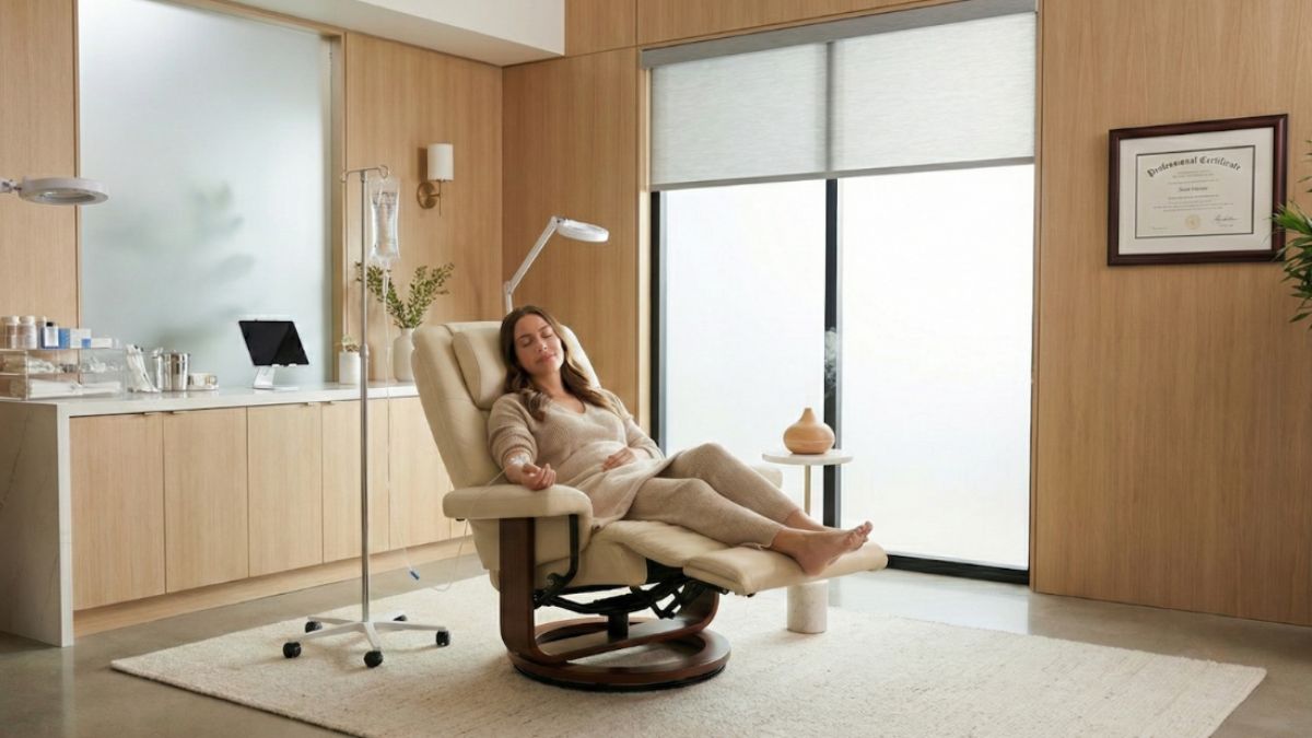 A client relaxing in a comfortable, sunlit wellness clinic chair, receiving one of the clinic's signature IV therapy cocktails.